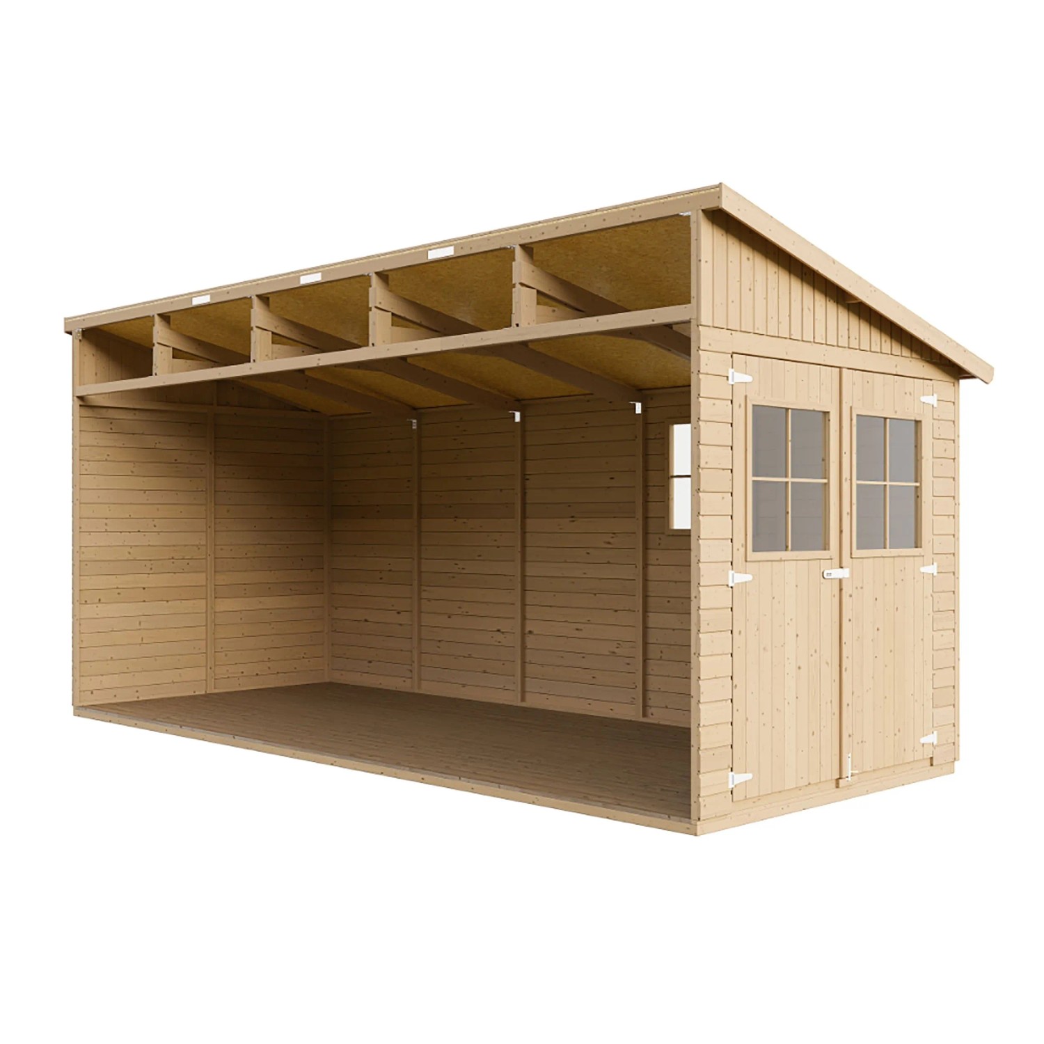Timbela Anbau-Gartenhaus aus Holz, 10 m², mit Seitenwand, Boden und Doppeltür.