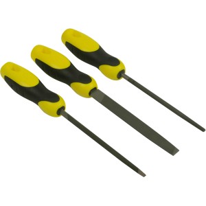 Stanley Feilen-Set, 3-teilig, 150 mm, mit gelb-schwarzen Griffen. Ideal für präzise Feilarbeiten.