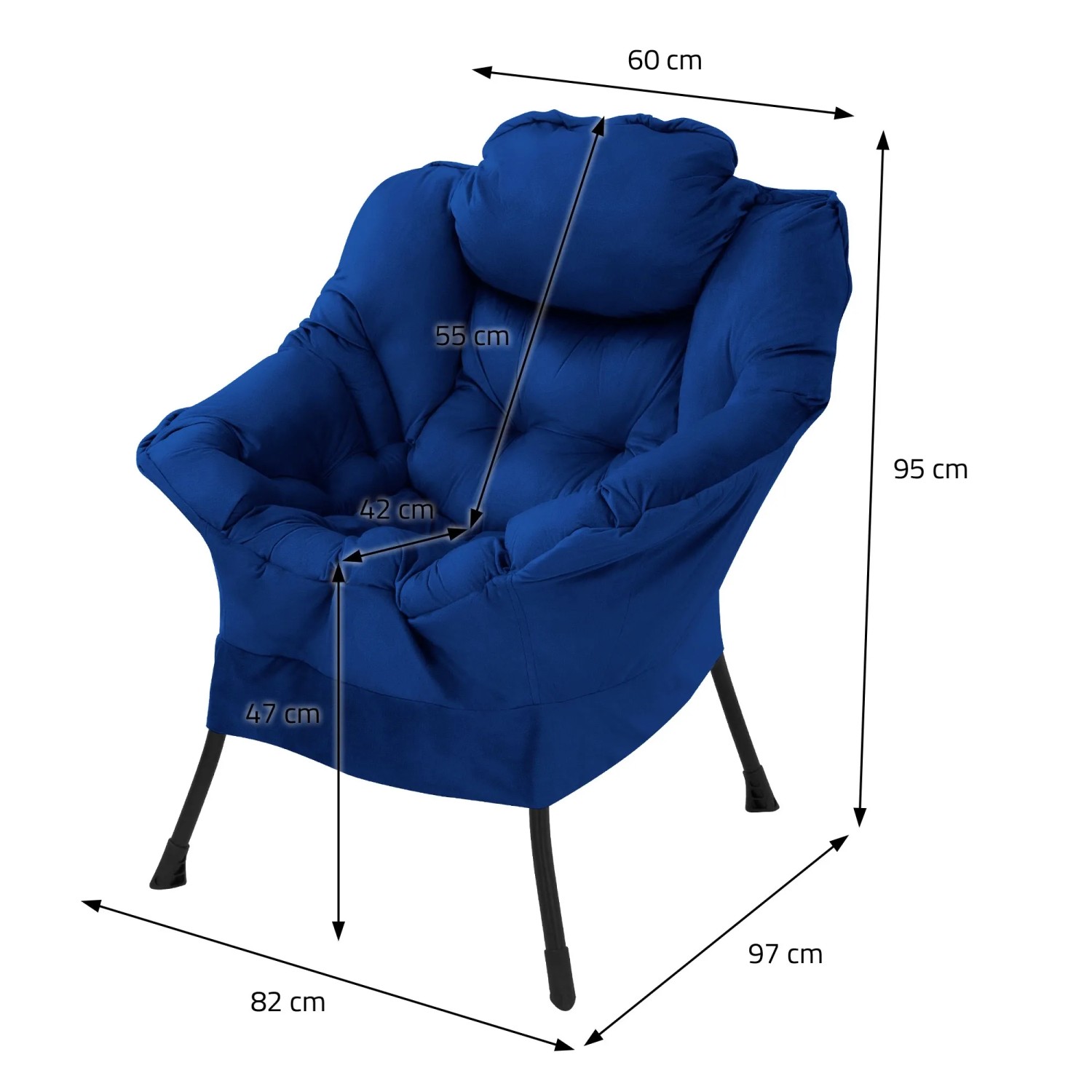 Dunkelblauer ML-Design Relaxsessel mit Kopfkissen und Seitentasche, ideal zum Entspannen.