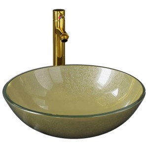 Goldenes Waschbecken-Set von vidaXL mit Wasserhahn und Ablaufgarnitur für das Badezimmer.