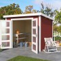 Lasita Holz-Gartenhaus Zambezi 4 in Schwedenrot mit geöffneten Türen und Gartenmöbeln.