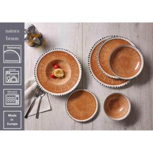 Ritzenhoff & Breker Natura 12-teiliges braunes Steinzeug Tafelservice mit Holzmaserung und gepunktetem Rand, spülmaschinen- & mikrowellengeeignet.