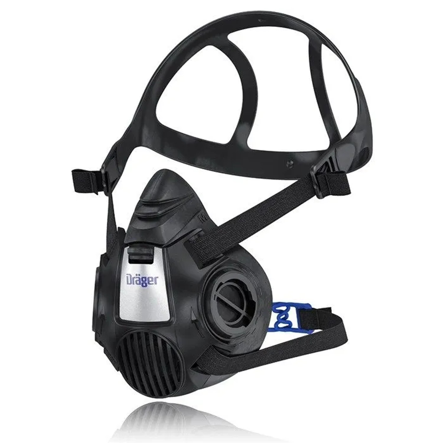 Schwarze Dräger X-plore 3500 Atemschutz Halbmaske Größe M mit Kopfbändern und Bajonett-Filteranschlüssen für Arbeitsschutz.