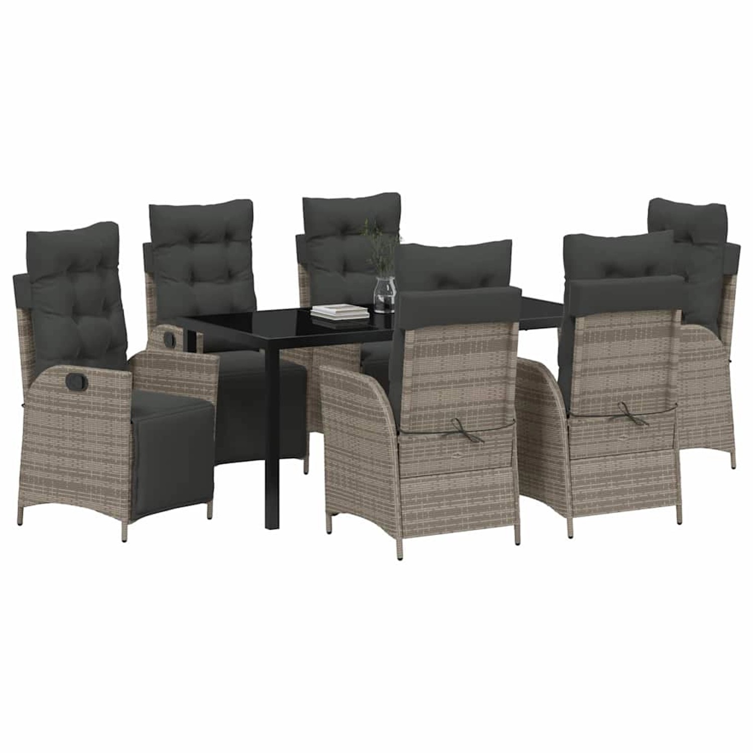 Graue 7-teilige vidaXL Garten Essgruppe aus Poly Rattan mit Tisch und 6 Stühlen.