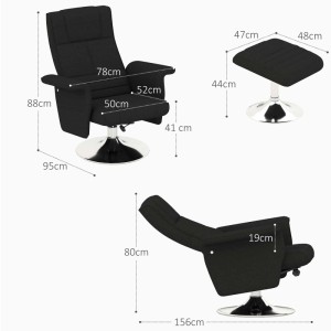 HOMCOM Massagesessel mit Hocker, schwarz, aus Polyester und Stahl, mit Maßangaben.