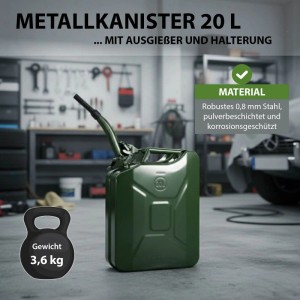 Olivgrüner Holmwerk Kraftstoffkanister 20L mit Ausgießer und UN-Zulassung.