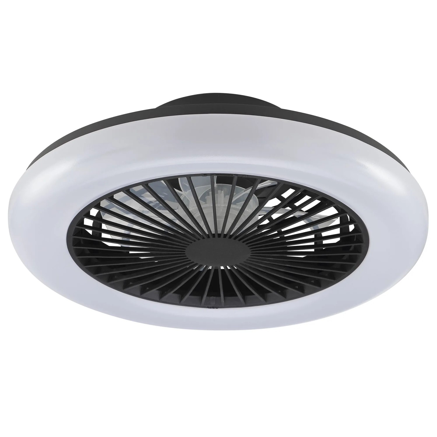 Schwarze LED-Deckenleuchte Montero mit Ventilator, Ø 42 cm.