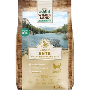 Wildes Land Hunde-Trockenfutter Ente mit Kartoffeln und Wildkräutern, 1 kg Packung.