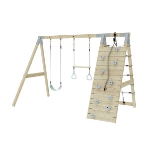 PolarPlay Klettergerüst Waschbär mintgrün mit Schaukel, Kletterwand und Turnringen für Kinder.