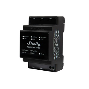 Schwarzer Shelly Ethernet-Switch mit 5 RJ45-Anschlüssen für die Hausautomation.