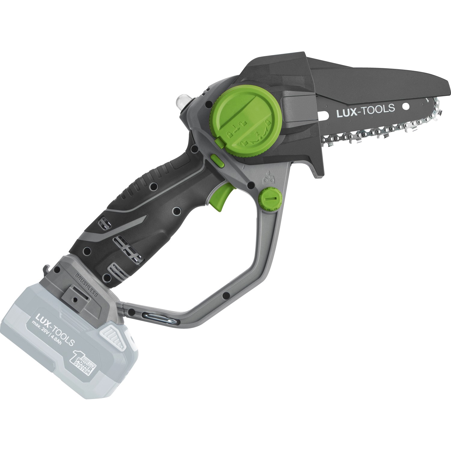 LUX-TOOLS Akku-Astsäge A-EAS-20/154 aus dem 1 PowerSystem, Akku-Kettensäge für Gartenarbeiten.