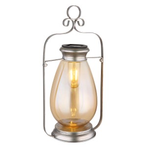 Globo Solarleuchte aus Metall in Silber Antik mit amberfarbenem Glas für den Außenbereich.