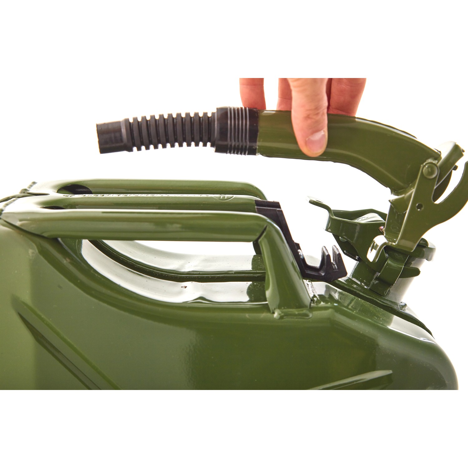 Olivgrüner 20L Metall Kraftstoffkanister mit Ausgießer. Pannenhilfe für Auto & Motorrad.