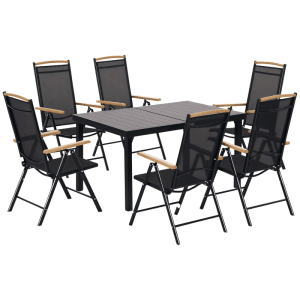 Schwarzes Gartenmöbel-Set: Aluminiumtisch 140x90cm und 6 klappbare Stühle mit Holzarmlehnen.