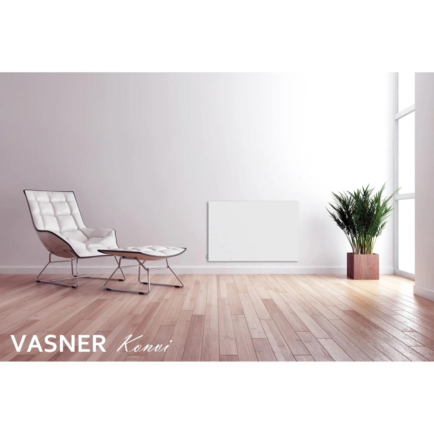 VASNER Konvi Hybrid Infrarotheizung, 1200W, weiße Elektroheizung an Wand in Wohnraum.