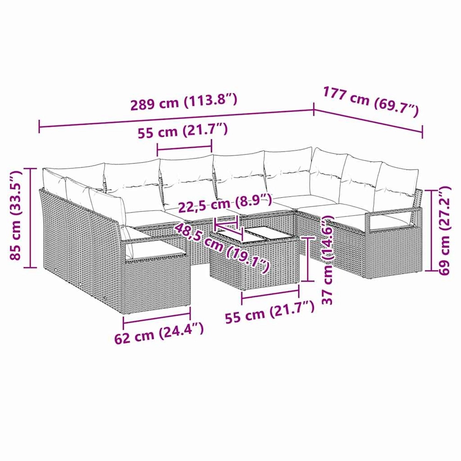 Beiges 10-teiliges Garten-Sofa-Set aus Poly Rattan mit Tisch und Maßen.