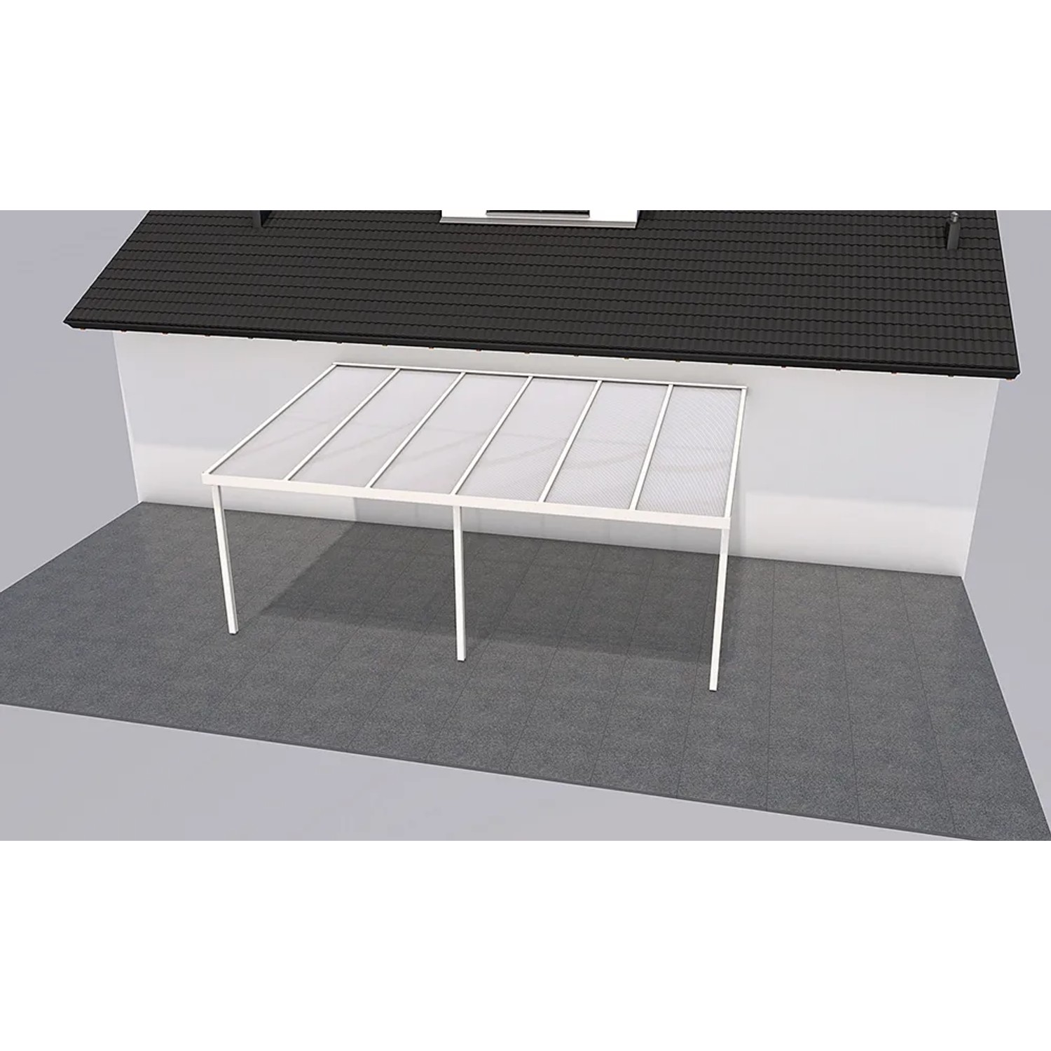 Weißes Gutta Terrassendach Premium mit Stegplatten aus Polycarbonat (6110x4060mm) am Haus.