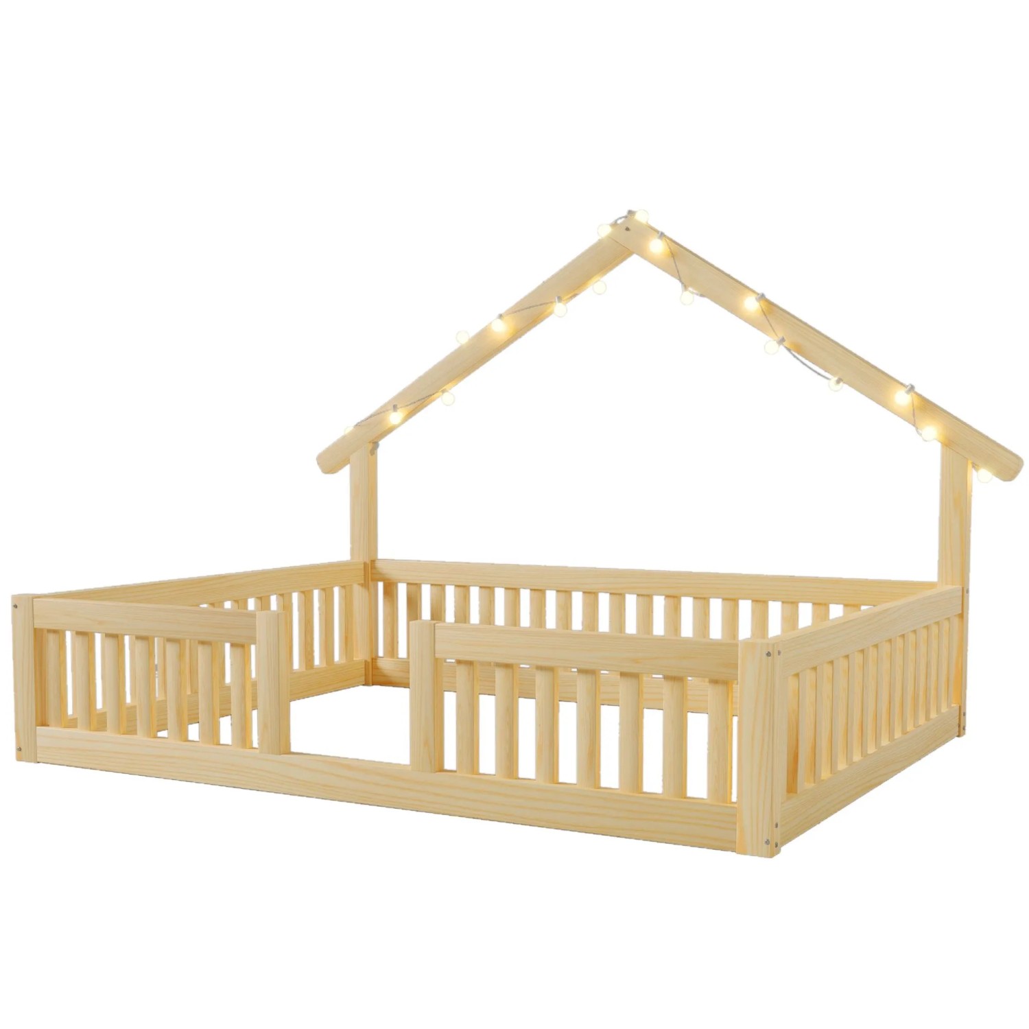 Merax Holz Hausbett 140x200 cm Mit Rausfallschutz Sicherheitsgitter LED Natur