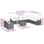 vidaXL Garten-Sofagarnitur, 11-teilig, schwarz, Poly Rattan, mit Kissen und Tisch. Abmessungen sind auf dem Bild zu sehen.