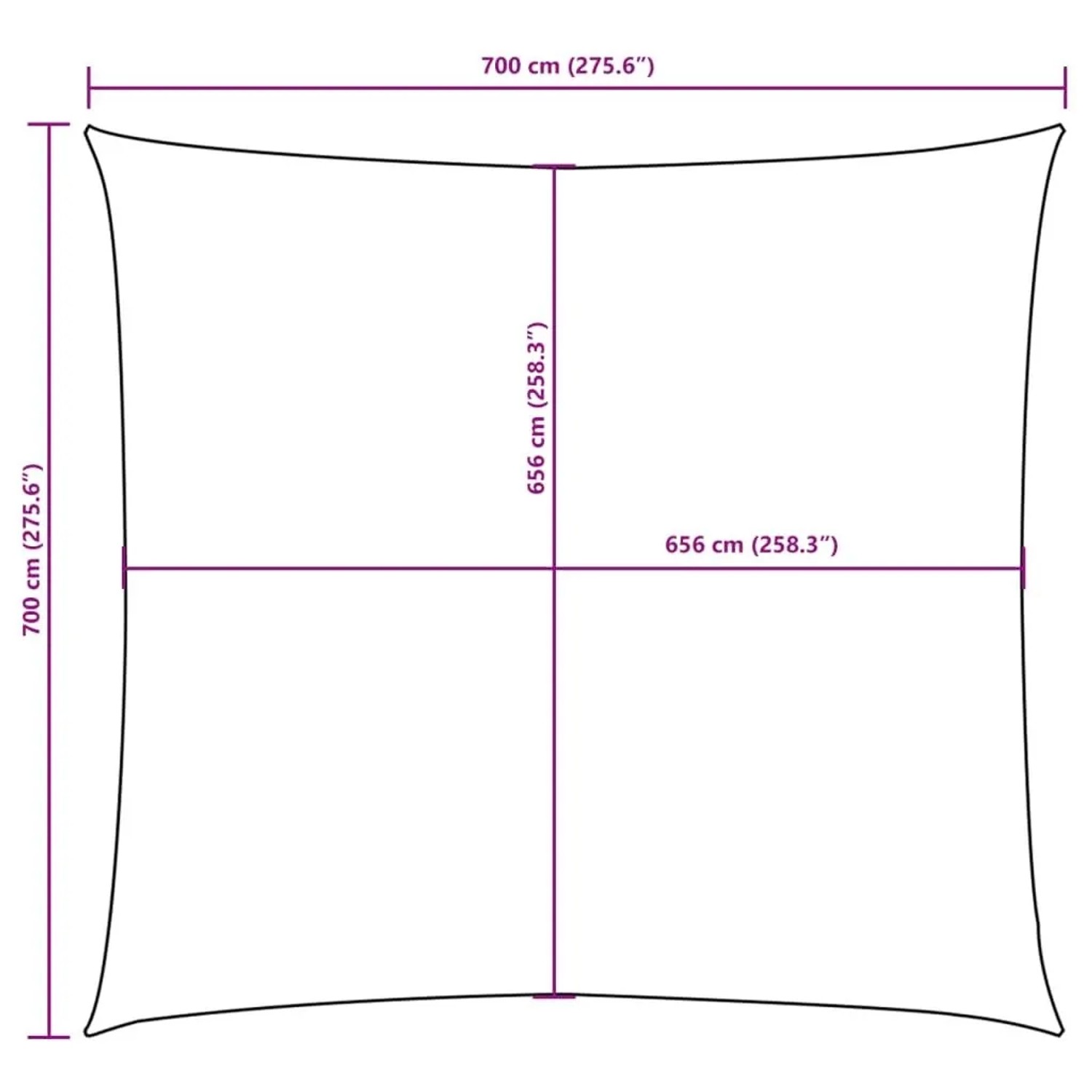 Maßzeichnung des quadratischen vidaXL Sonnensegels 7x7 m mit 700 cm Außen- und 656 cm Innenmaßen.