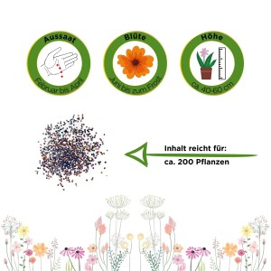 Samen der Gartenwelt Petunien, einfache Mischung, mit Infos zu Aussaat, Blütezeit und Pflanzenhöhe.