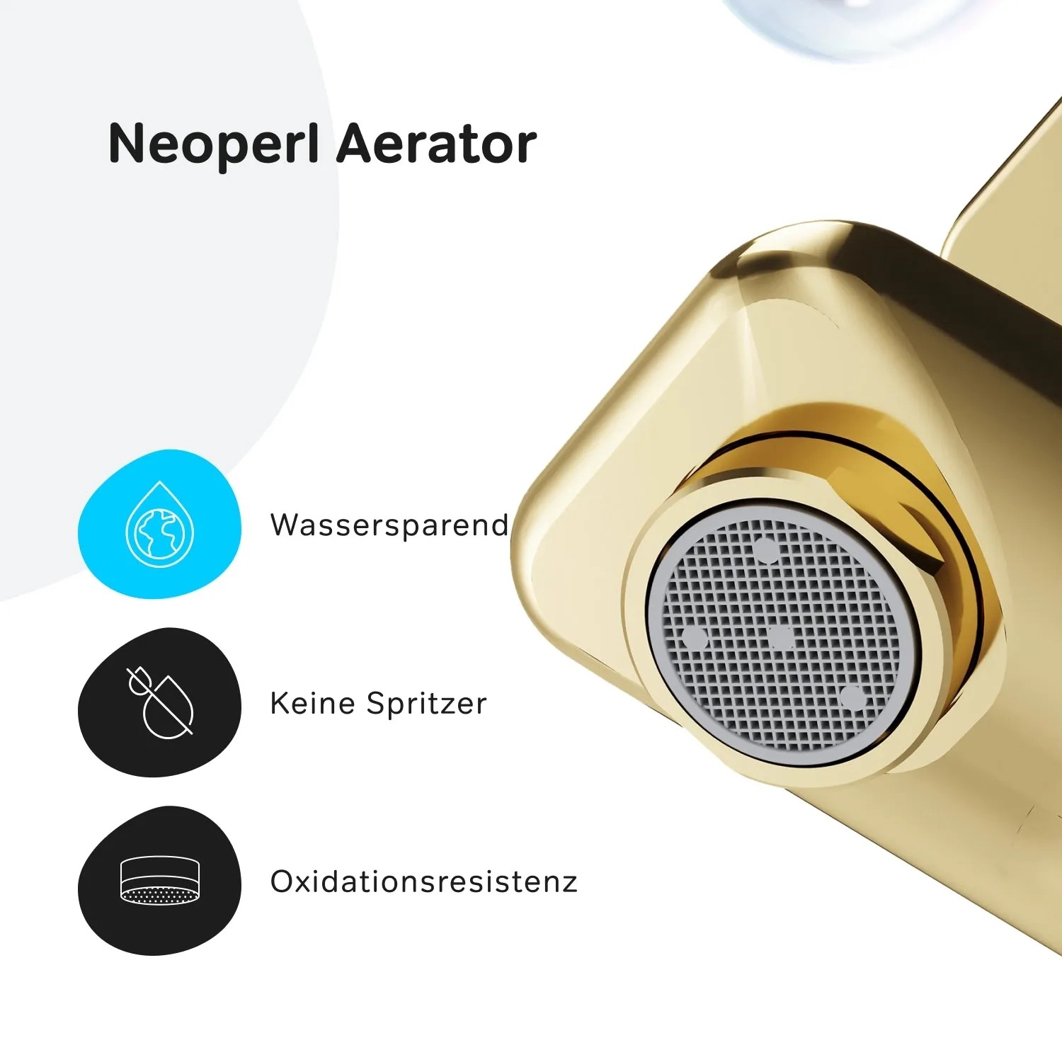 Detailaufnahme des Neoperl Aerators einer goldenen AM.PM Wannenarmatur, wassersparend und oxidationsresistent.