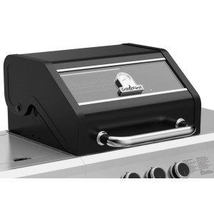 Detailaufnahme des Grillfürst G210E Gasgrills mit geschlossenem Deckel und Thermometer.