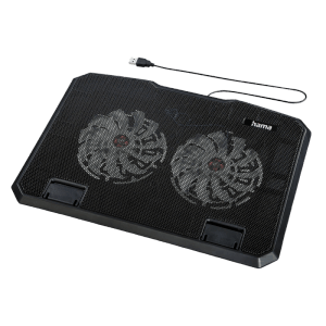Schwarzer Hama Laptop-Kühler mit 2 Lüftern und USB-Anschluss, neigbar.