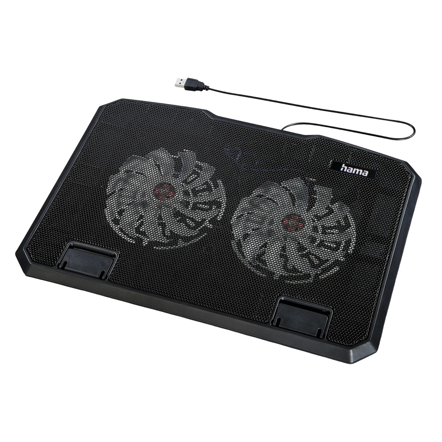 Schwarzer Hama Laptop-Kühler mit 2 Lüftern und USB-Anschluss, neigbar.
