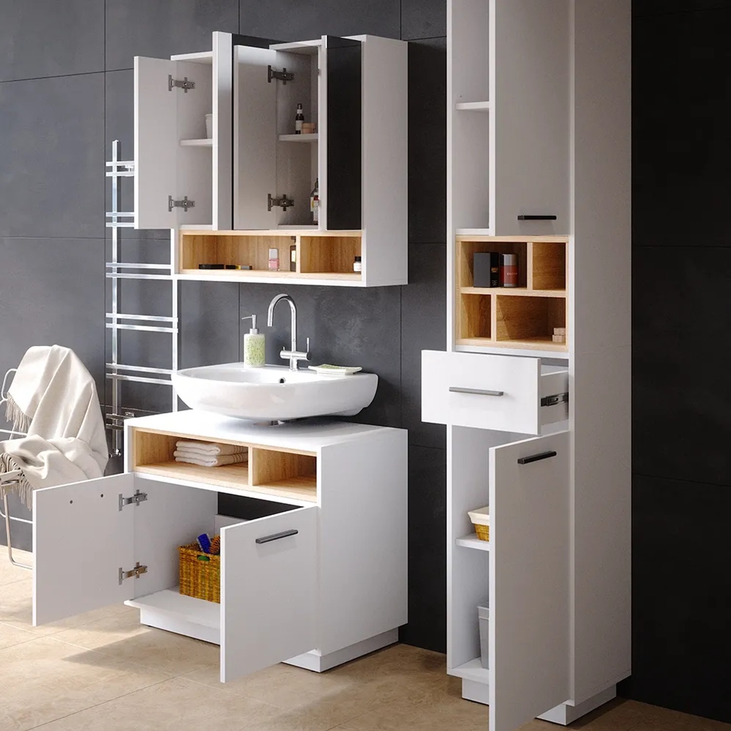 Vicco Badmöbel-Set Beatrice, 3-teilig in Weiß/Sonoma mit Spiegelschrank, Waschbeckenunterschrank und Hochschrank.