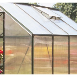 Detailansicht des grünen Halls Gewächshauses Popular 86 mit geöffnetem Dachfenster.