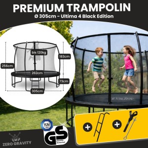 Zero Gravity Trampolin Outdoor 305cm TÜV GS Smartes Klappnetz mit Leiter und Bodenanker