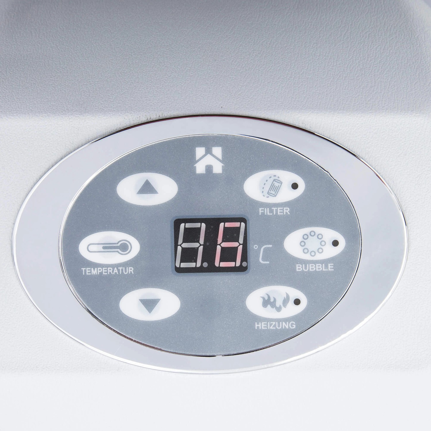 Nahaufnahme des Bedienfelds vom Home Deluxe Whirlpool Splash mit Temperaturanzeige und Steuerung.