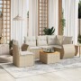 Beige 6-tlg. Garten-Sofagarnitur aus Rattan mit cremefarbenen Kissen. Gartenmöbel-Set für Terrasse und Garten.
