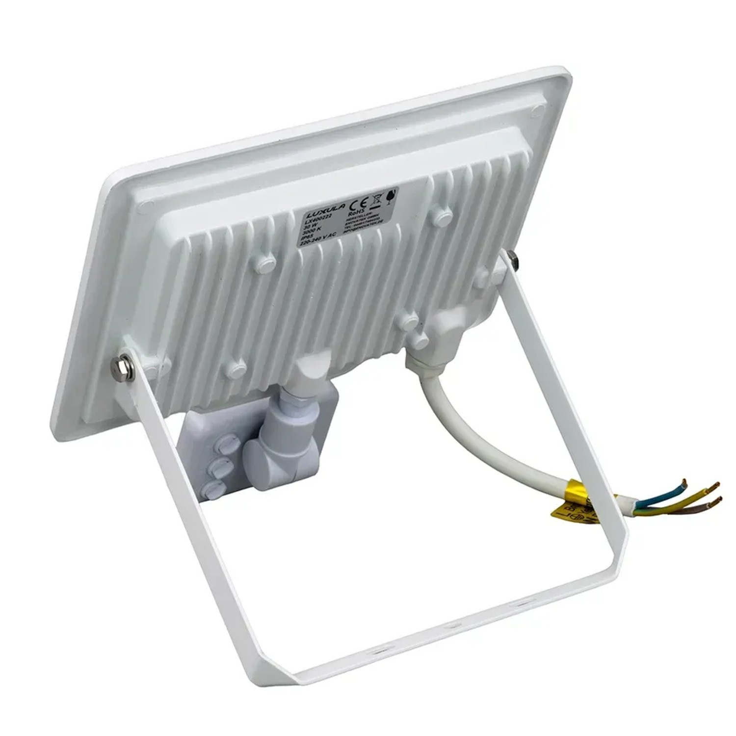 Weißer LUXULA LED Strahler mit Bewegungsmelder, 30W, 3000lm, Warmweiß, Rückansicht.