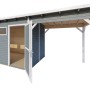 Graues Bertilo Gartenhaus Pentus 3 Lounge mit Anbau und geöffneter Doppeltür.