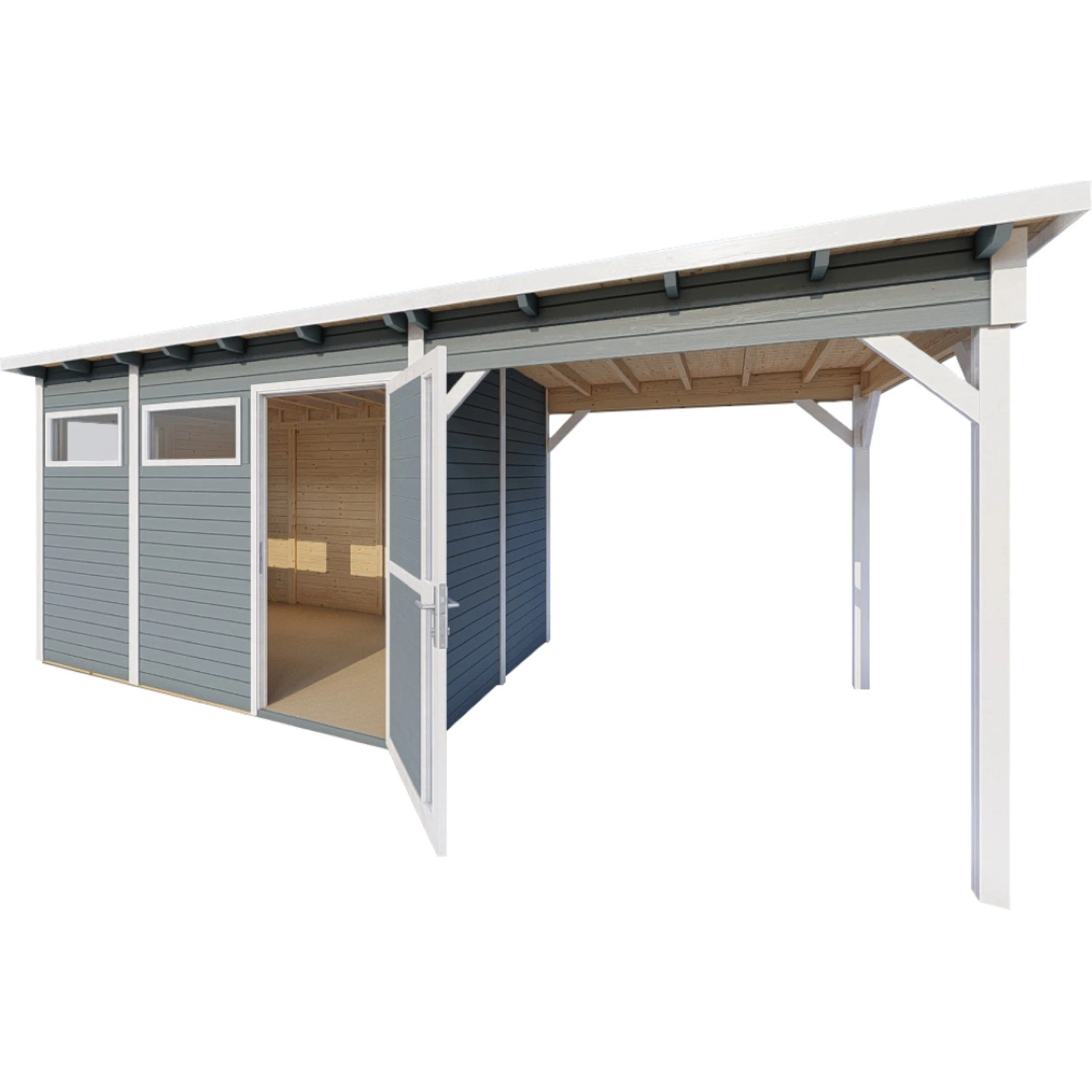 Graues Bertilo Gartenhaus Pentus 3 Lounge mit Anbau und geöffneter Doppeltür.