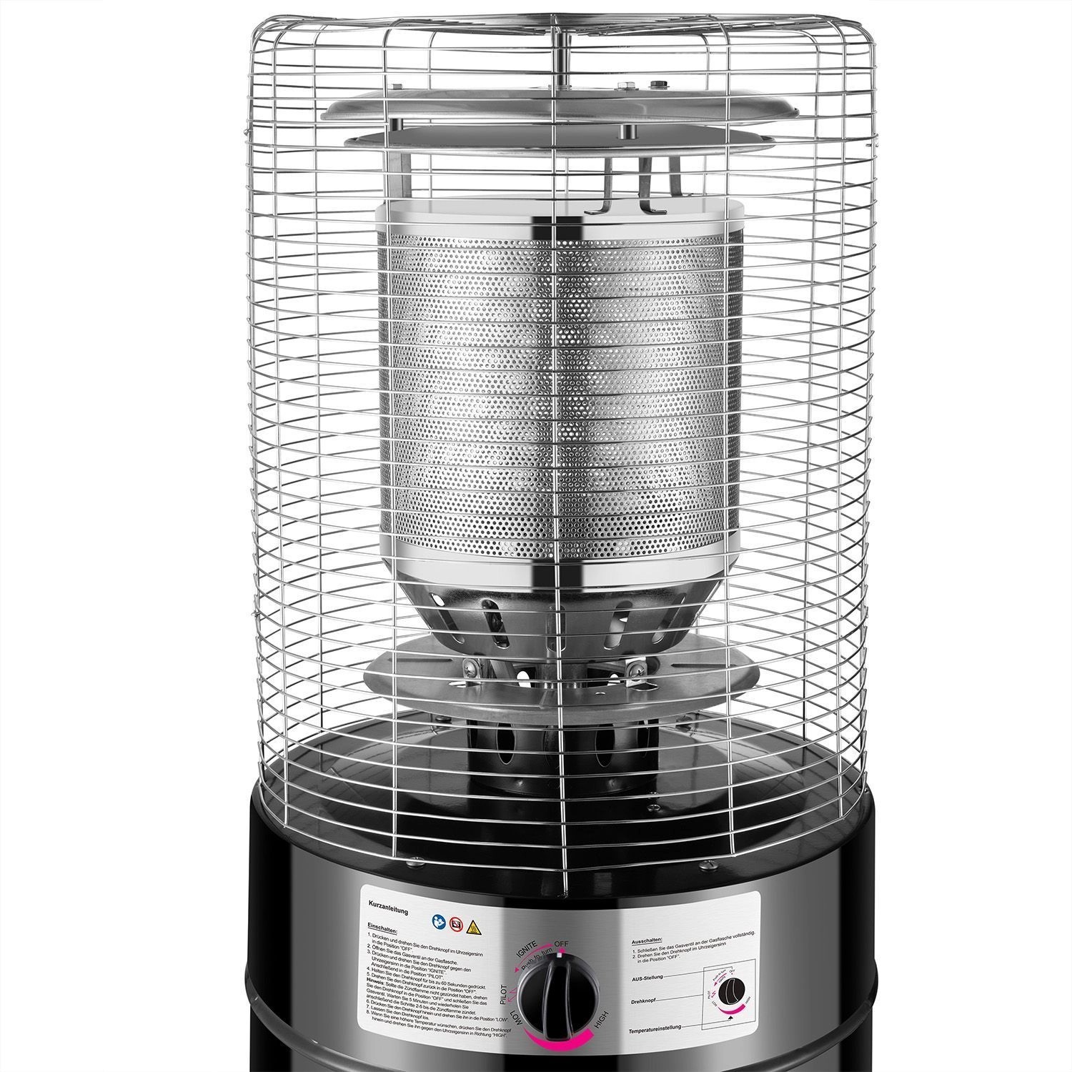 Juskys Gasheizung Cuna, Detailansicht des Heizelements mit Schutzgitter.