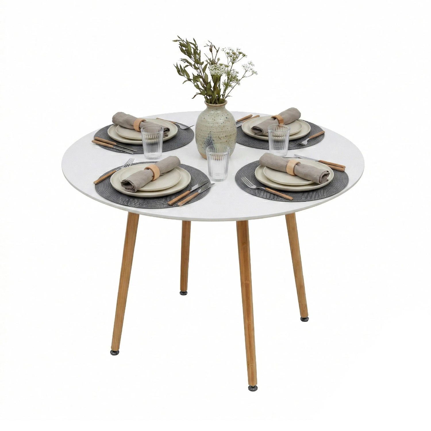 Relaxdays Esstisch Rund Bambus MDF Stahl Weiß Verstellbare Füße 75 cm x 90 cm