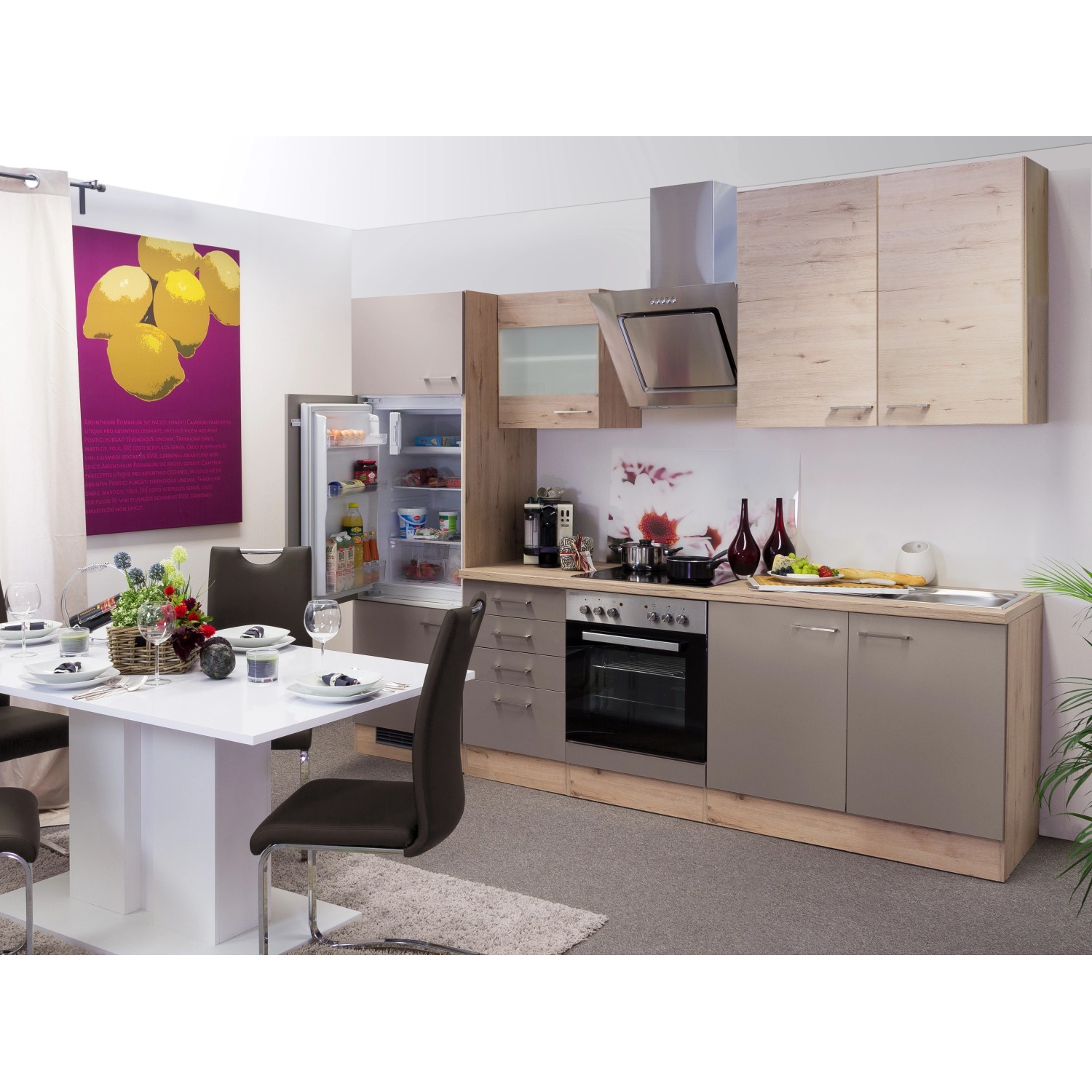 Flex-Well Exclusiv Küchenzeile/Küchenblock Arizona 270 cm Quarz Cubanit-San Remo Eiche hell