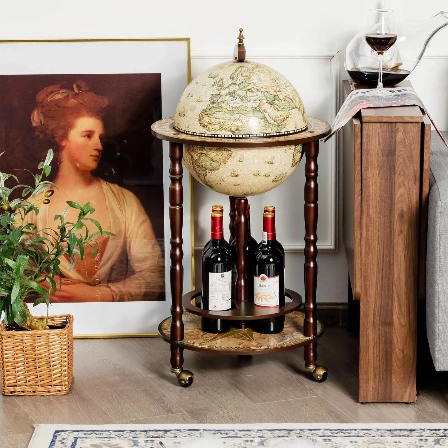 Costway Globusbar Barwagen Hausbar Servierwagen mit Rollen Beige_2