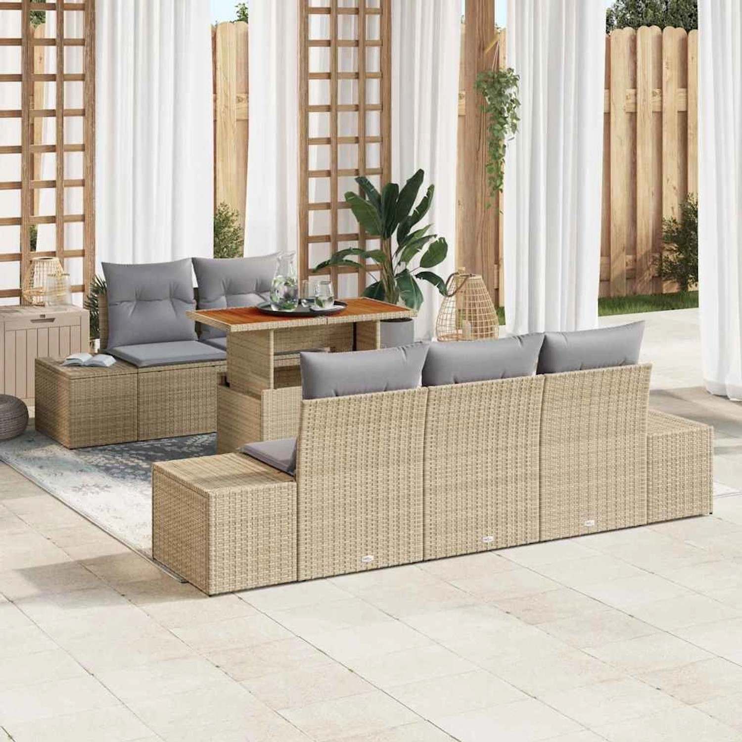 Beiges 6-tlg. vidaXL Garten-Sofa-Set aus Poly Rattan mit Stauraum und Tisch.