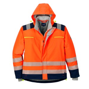 Orange Scheibler Warnschutz-Softshelljacke Safeness mit Kapuze und Reflektoren für gute Sichtbarkeit.