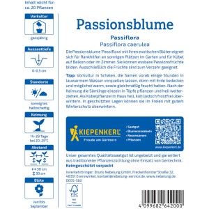 Kiepenkerl Saatgut Passionsblume: Verpackung mit Infos zu Aussaat, Standort und Blütezeit.
