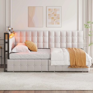 Beiges Merax Polsterbett 90x200cm mit LED-Beleuchtung, USB-C Anschluss und zwei Schubladen. Modernes Schlafsofa.