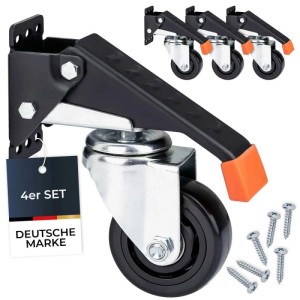 4 schwarze HMF Schwerlastrollen absenkbar für Werkbank, 76 mm, 400 kg Traglast, mit Fußhebel und Schrauben.