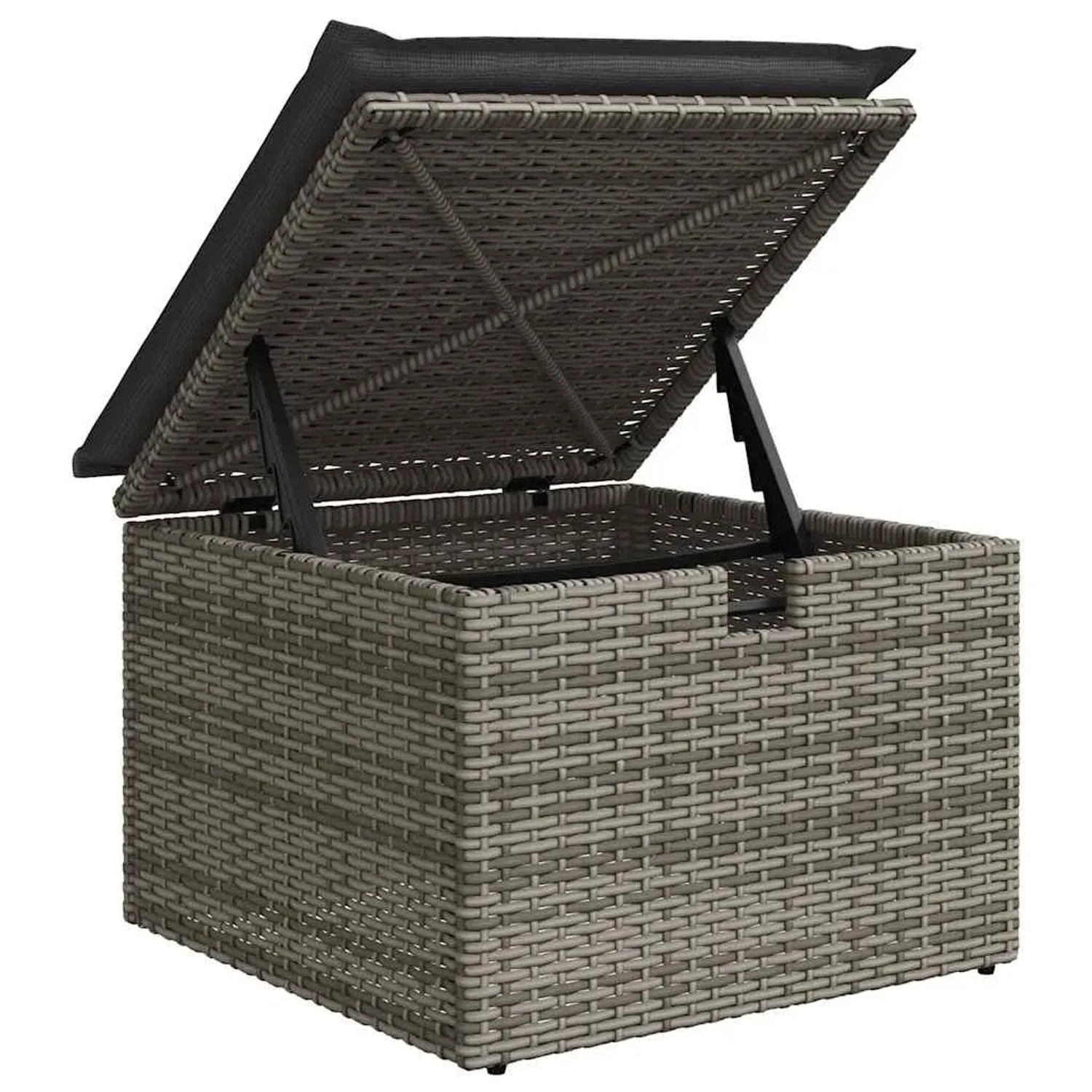 Grauer Poly Rattan Gartenhocker mit Stauraum und Kissen, Teil der vidaXL Garten-Sofagarnitur.