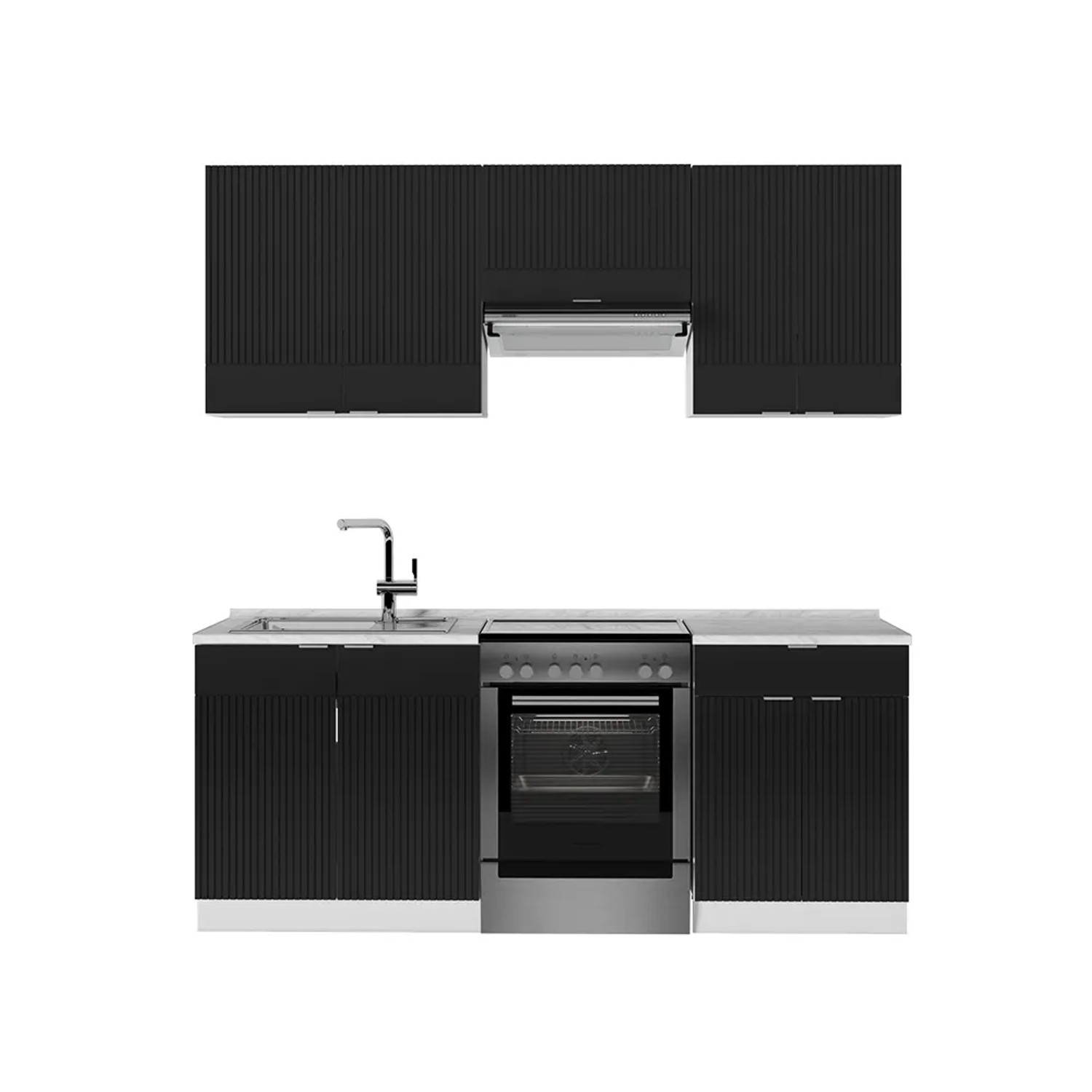 Vicco Fame-Line Küchenzeile Schwarz gestreift/Weiß 200 cm ohne Arbeitsplatte ohne E-Geräte