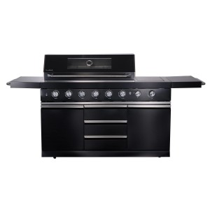 Buschbeck Outdoorküche Chester aus Edelstahl, schwarz lackiert mit 6 Brennern und Sizzle Zone.