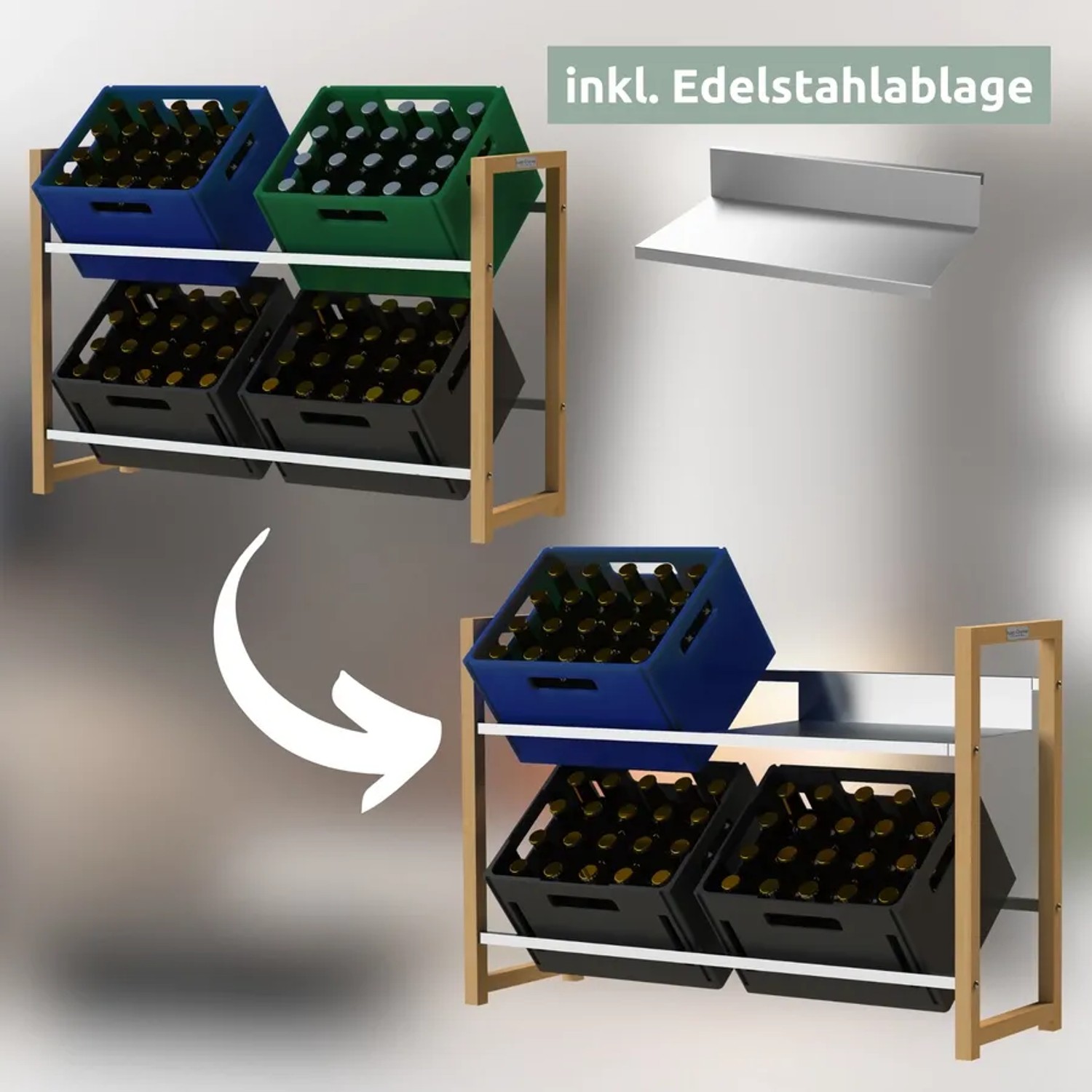 holz4home Getränkekistenregal mit Edelstahlablage, 4 Kisten in Silber. Praktische Regalböden für Getränke.